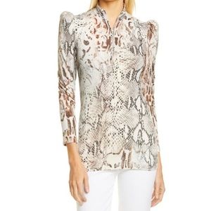 Sophisticated Smythe reptile print blouse with puff shoulder and zipper detail